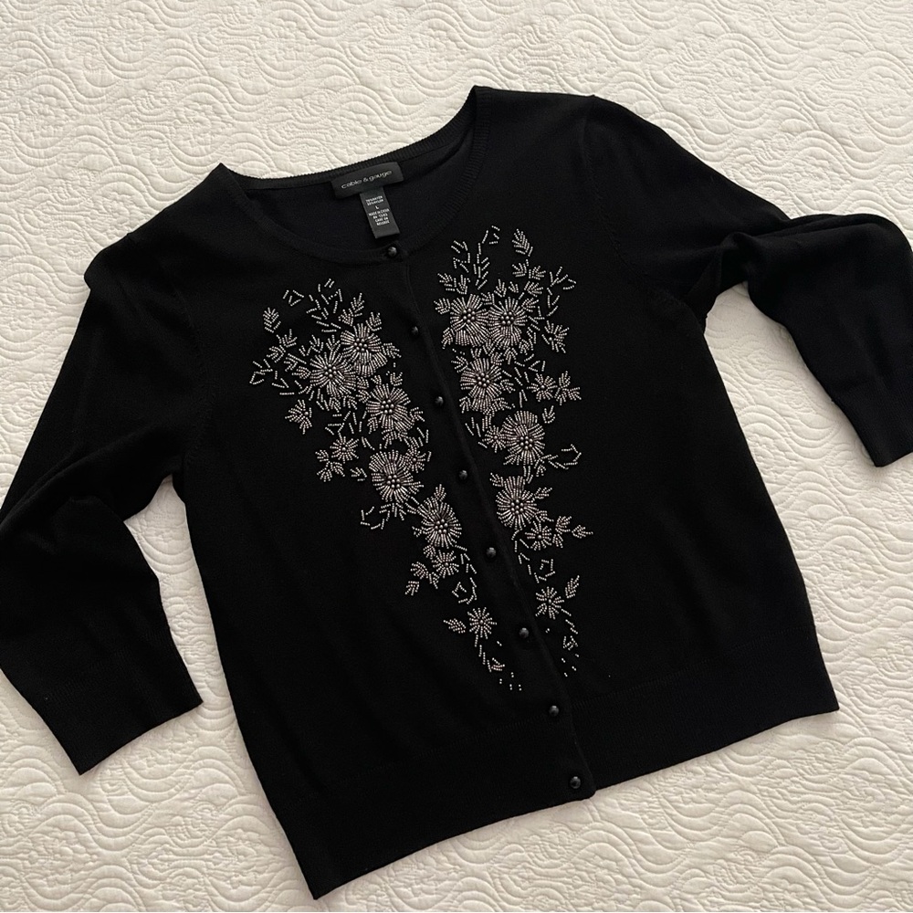 Vintage Cable & Gauge Beaded 3/4 Sleeve Cardigan Sweater Large - Picture 6 of 14